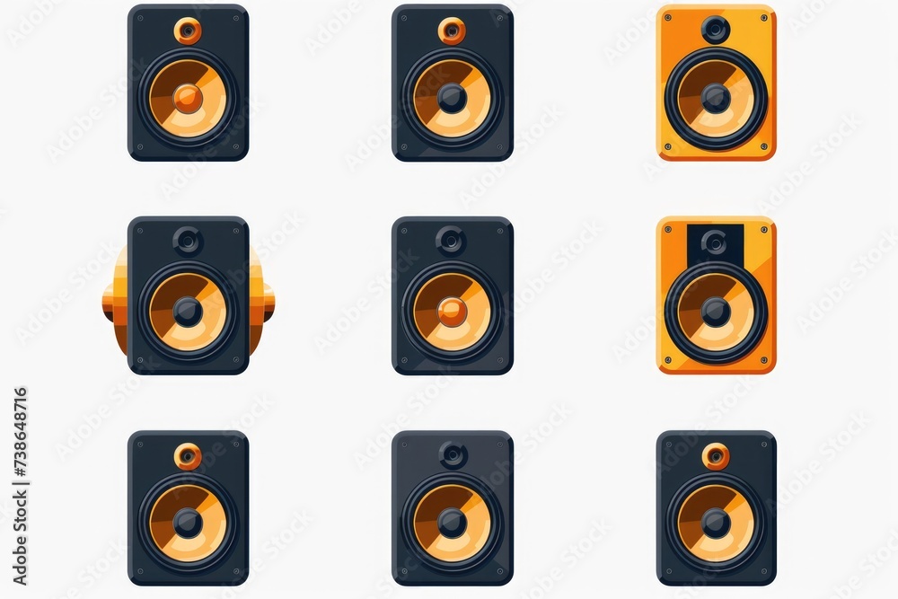 Poster various speakers in different colors and shapes, suitable for music or technology concepts