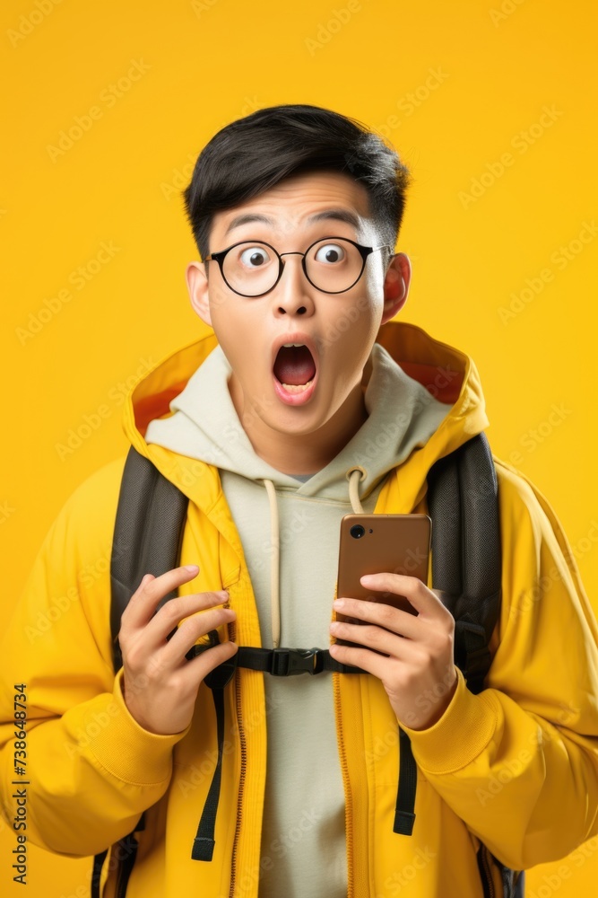 Poster A man wearing a yellow jacket holding a cell phone. Suitable for technology and communication concepts