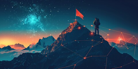 A digital peak featuring a banner and a skilled business climber at the summit, representing the idea of achieving goals and ambition.  - obrazy, fototapety, plakaty