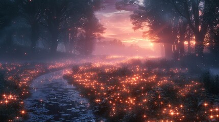 Fairy swarms in twilight glens leading travelers astray with their lights - obrazy, fototapety, plakaty