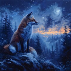 Fox with a coat of twinkling stars roaming northern lights forests