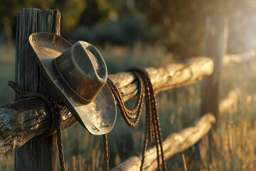 Beautiful cowboy background of a wooden picket fence or fence with a cowboy hat and rope on a bollard and sunlight in the background with space for text
 - obrazy, fototapety, plakaty