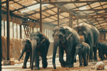 A herd of elephants walking through a building. Suitable for animal conservation campaigns