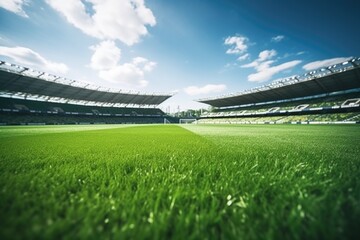 A deserted soccer stadium with green grass in the foreground. Suitable for sports events or recreational concepts