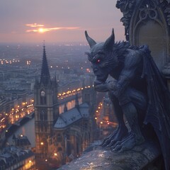 Gargoyles coming to life at dusk perched on gothic cathedrals