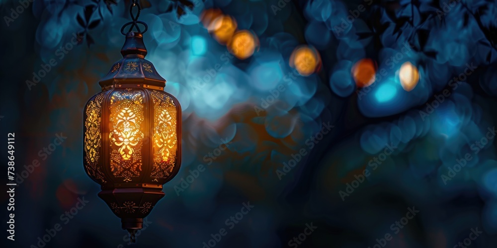 Poster a lantern hanging from a tree in the dark. ideal for spooky or mysterious themed designs
