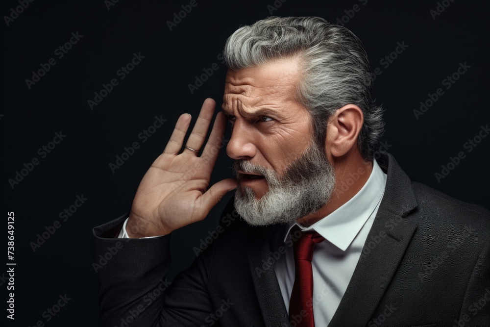 Poster a man in a suit and tie listening intently. ideal for business and communication concepts