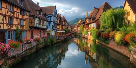 Fototapeta na wymiar France. Small waterway and classic timbered homes.