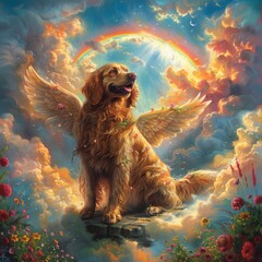 Golden retriever with angel wings ascending a rainbow bridge into the clouds