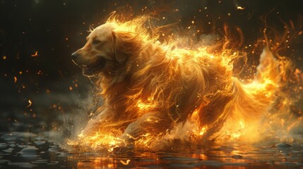 Golden retriever with a fiery mane fetching souls instead of balls