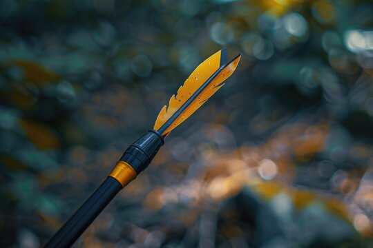 Detailed image of a yellow arrow on a stick. Suitable for directional concepts