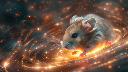 Fotobehang Hamster with black hole patterns orbiting food space wheel run © AlexCaelus