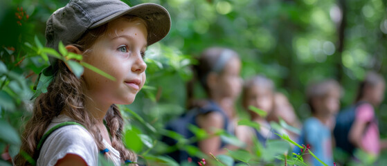 Curious girl leading a group of children on a nature walk through a forest. Outdoor learning and exploration concept. Design for educational materials, environmental programs