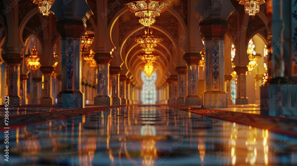 Poster a photograph of a very long hallway illuminated by numerous bright lights. this image can be used to