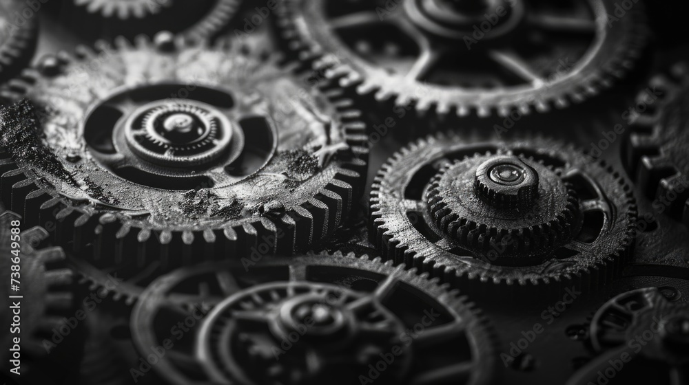 Poster a detailed view of a collection of gears. perfect for industrial designs or concepts related to mech