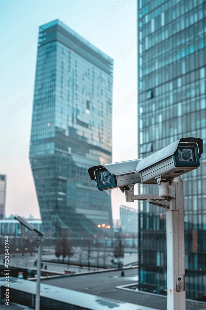 Poster a couple of cameras sitting on top of a pole. suitable for surveillance or security concepts