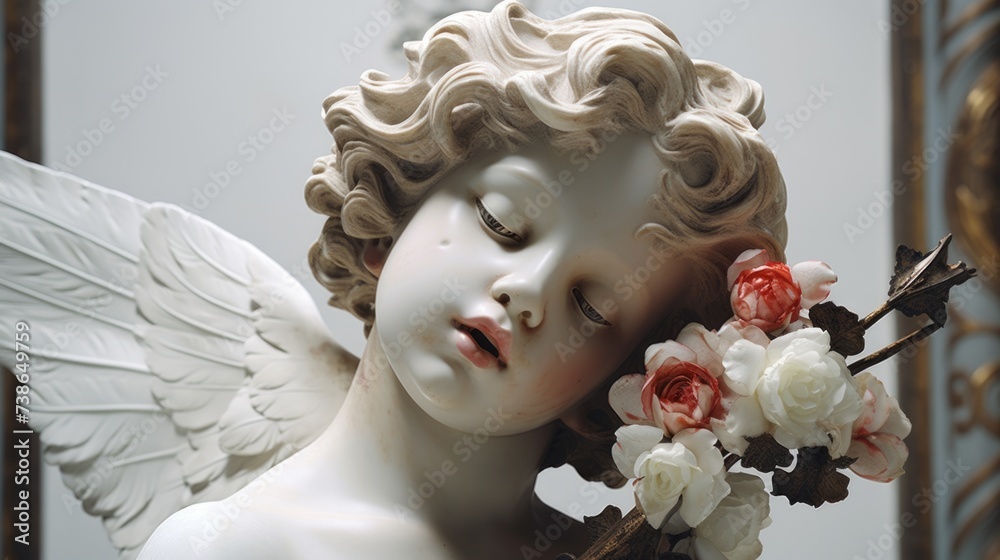 Poster a statue of an angel holding a beautiful flower. perfect for adding a touch of elegance and serenity
