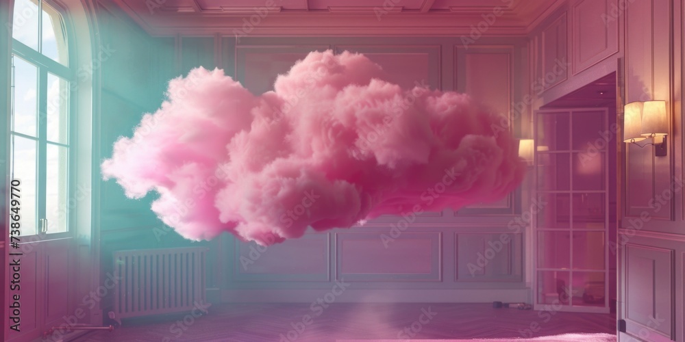 Poster A picture of a room with a pink cloud floating in the air. Perfect for adding a touch of whimsy to any project
