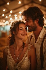 Intimate moment between a couple, warm bokeh lights. Ideal for wedding photography. AI Generated.