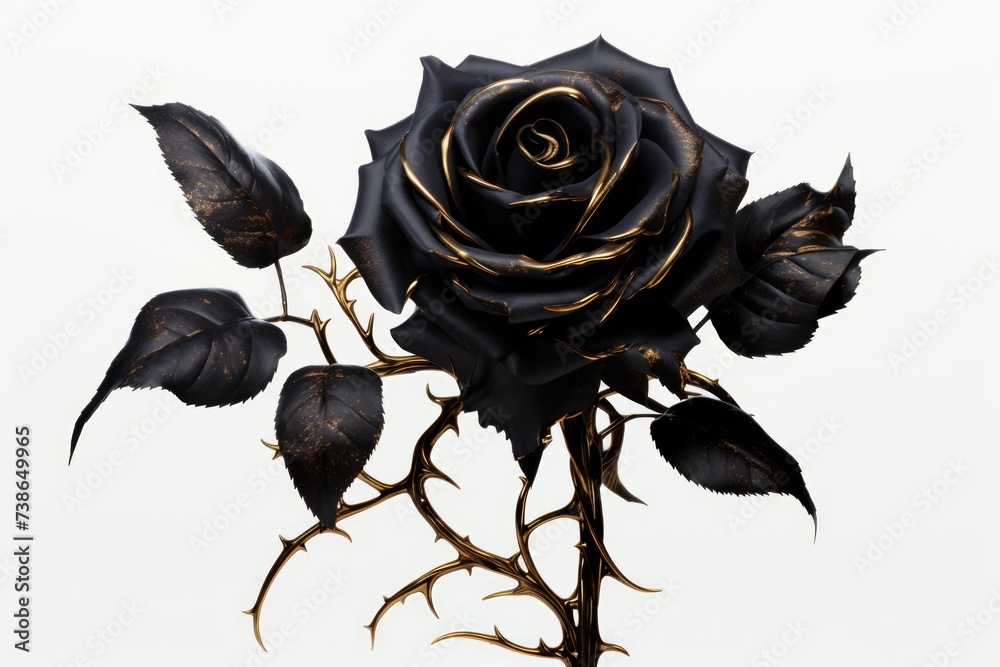 Poster a stunning black rose with intricate gold leaves, set against a clean white background. perfect for 