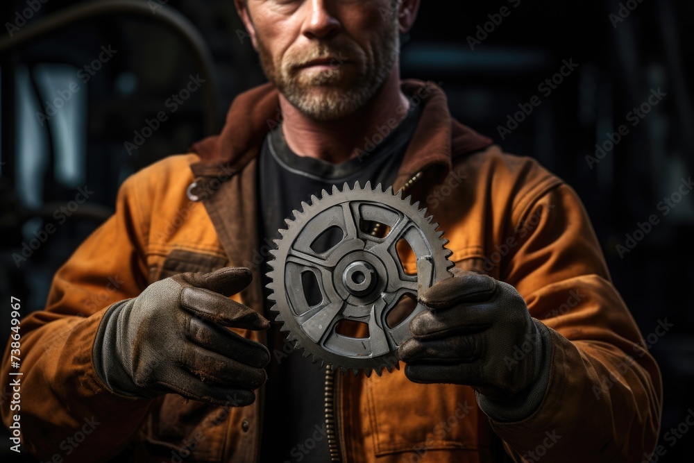 Poster a man is pictured holding a gear wheel in his hands. this image can be used to represent concepts re