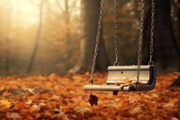 Swing hanging from a chain in a peaceful forest. Perfect for outdoor recreation or nature-themed designs