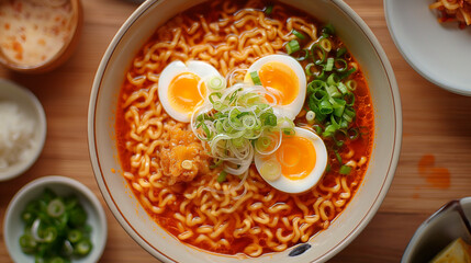 A bowl with yummy ramen soup noodles and eggs. Delicious food. Healthy meal.