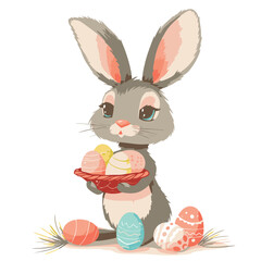 Vector cute cartoon rabbit with easter eggs