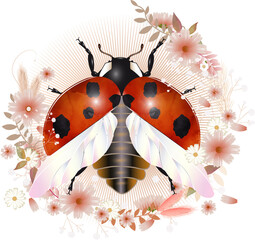 zauberhafter strahlender Marienkäfer mit Blüten Kranz in zarten Rosatöne