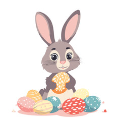 Vector cute cartoon rabbit with easter eggs