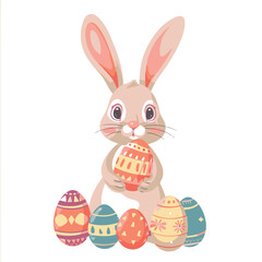 Vector cute cartoon rabbit with easter eggs