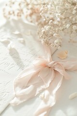 Elegant wedding invitation amid soft floral arrangement. 