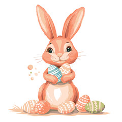Vector cute cartoon rabbit with easter eggs