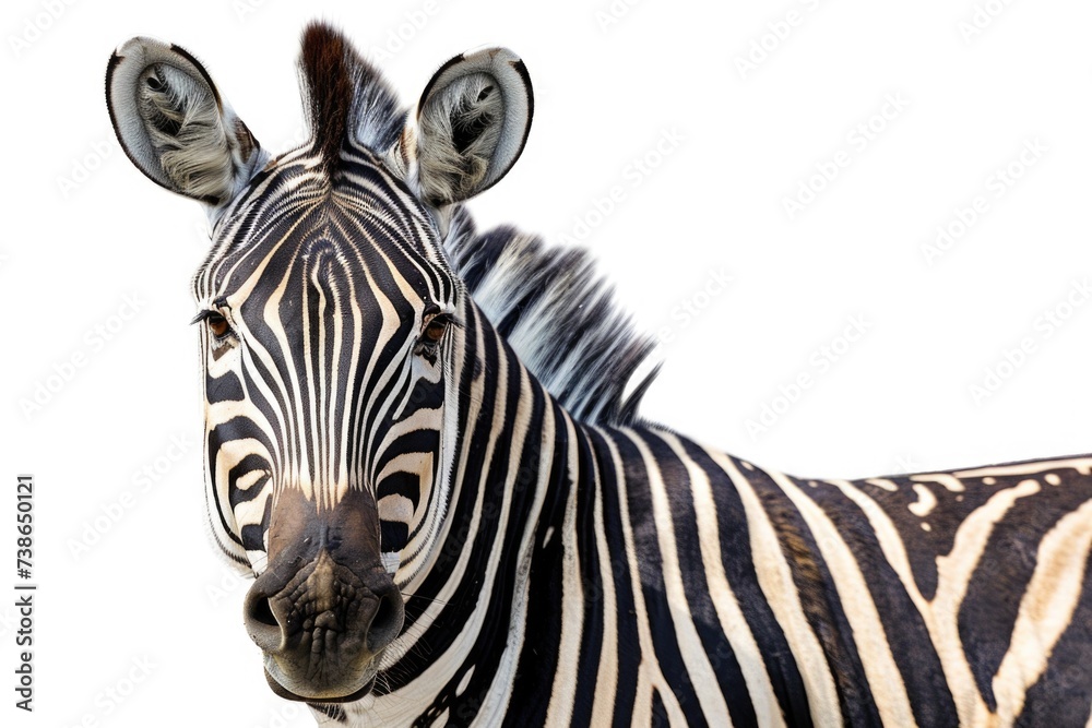 Poster A close up view of a zebra with a white background. This image can be used for various purposes
