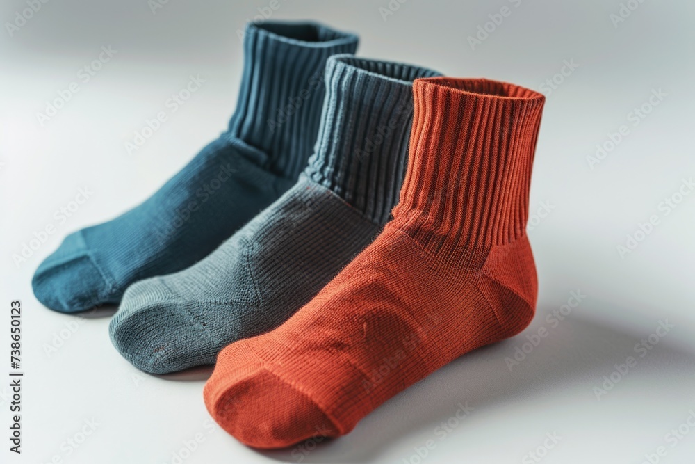 Poster Three pairs of socks sitting next to each other. Can be used to showcase different styles, colors, or patterns of socks.