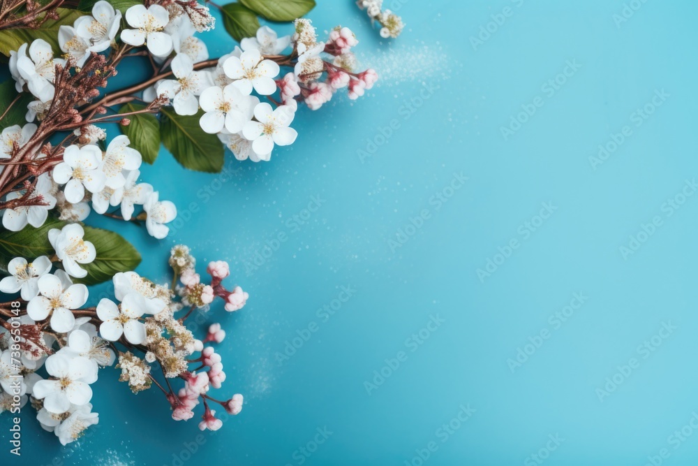 Poster a bunch of white flowers on a vibrant blue background. perfect for adding a touch of elegance to any