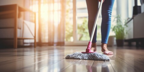 A woman is seen mopping the floor with a mop. This image can be used to depict household chores or cleaning tasks