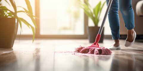 A woman is seen mopping the floor with a mop. This image can be used to depict cleaning and household chores