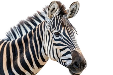 Close-up photo of a zebra with a white background. Perfect for animal lovers and wildlife enthusiasts. Can be used in educational materials, websites, and advertisements
