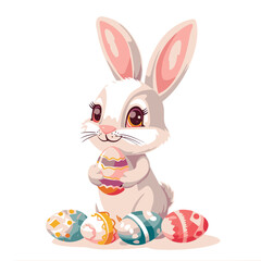 Vector cute cartoon rabbit with easter eggs