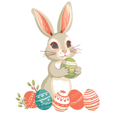 Vector cute cartoon rabbit with easter eggs