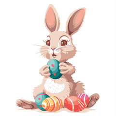 Vector cute cartoon rabbit with easter eggs