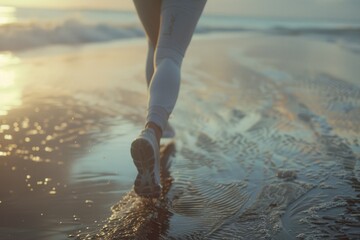 A person walking on the beach at sunset. Perfect for travel or relaxation themes - Powered by Adobe