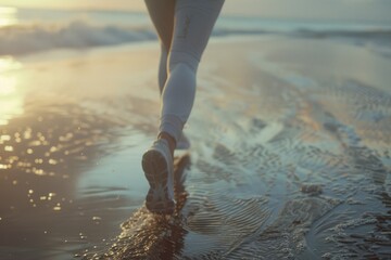 A person walking on the beach at sunset. Perfect for travel or relaxation themes - obrazy, fototapety, plakaty