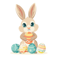 Vector cute cartoon rabbit with easter eggs