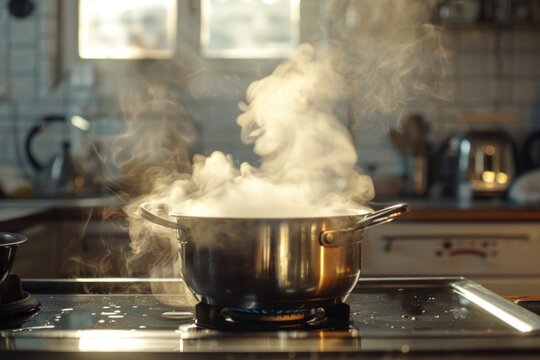 A pot on a stove releasing steam. Perfect for cooking and food-related projects