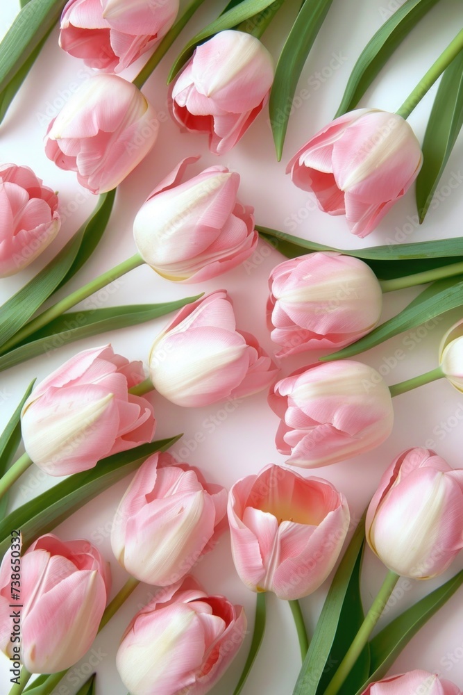 Poster Pink tulips arranged in a bunch on a clean white surface. Suitable for various floral-themed projects or as a decorative element