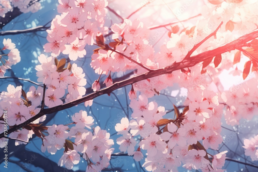 Poster a close-up view of a tree with beautiful pink flowers. perfect for nature enthusiasts and springtime