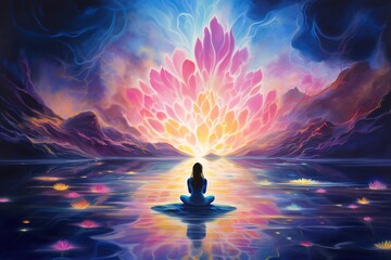 Silhouetted figure before a vibrant, cosmic lotus sunrise. Suitable for spiritual or wellness themes. 