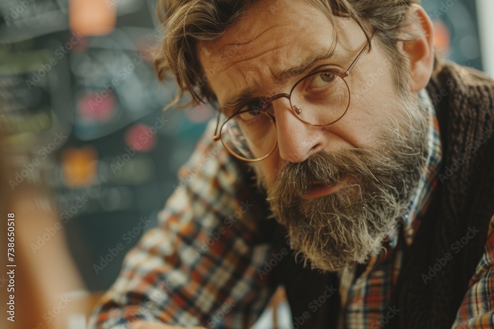 Poster A man with a beard sitting at a table. Suitable for various professional and casual settings